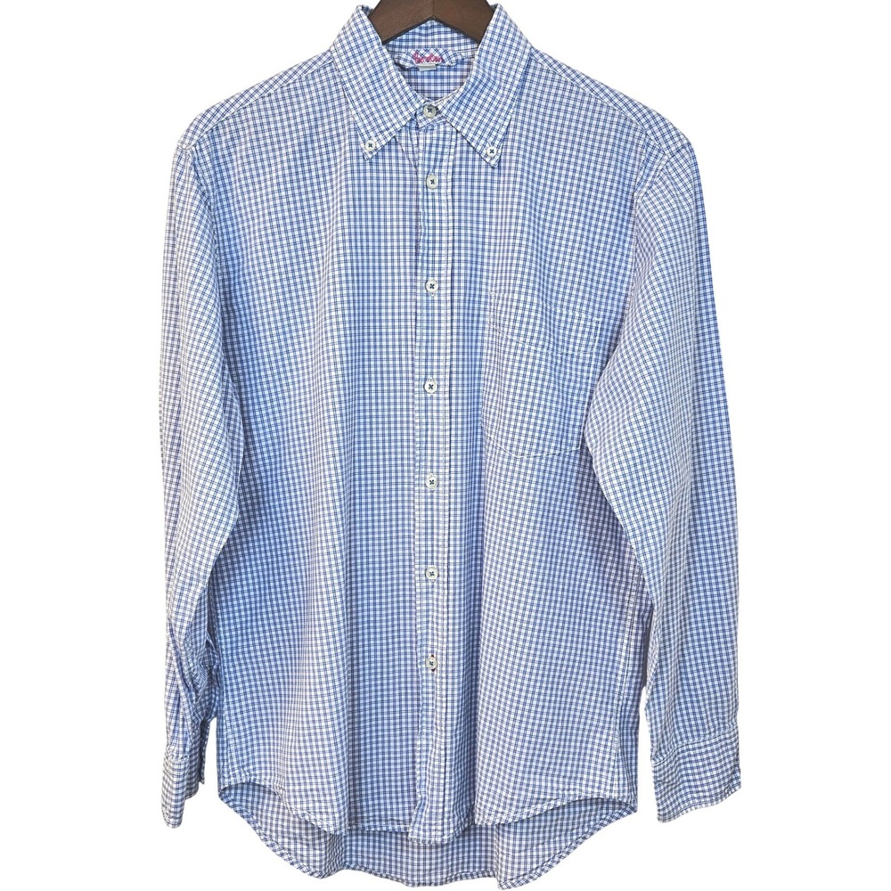 Boden Mens‎ Medium Blue White Gingham Check Long Sleeve Button Up Shirt Preppy